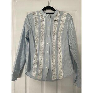 Boden Womens Button Down Blouse Sz 10 Lace Eyelet Detail Blue White Business